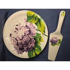 Vintage WCL Floral Cake Plate and Server Set with Purple Hydrangea - 10 1/2"